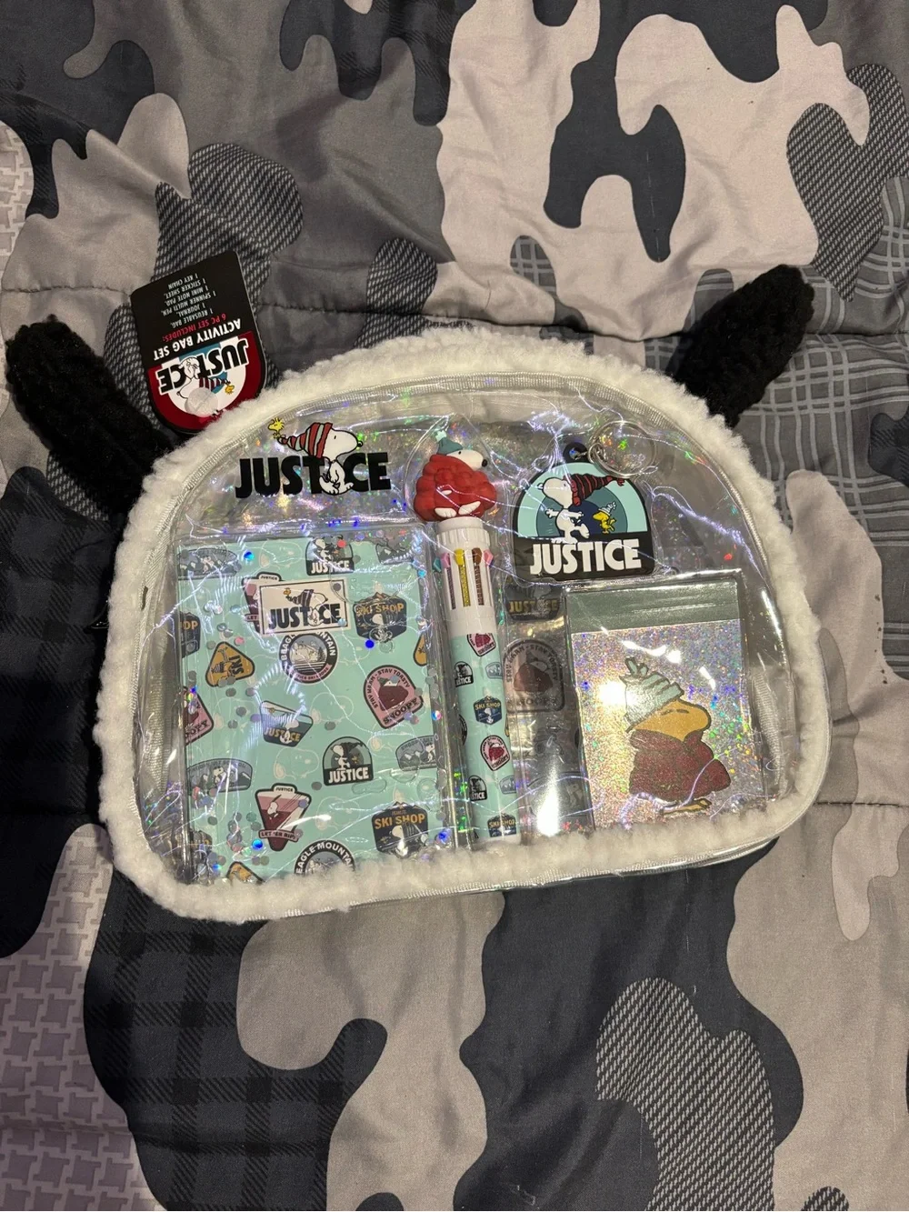 Justice Holographic Clear Front Accessory Bag with White Trim and Black Ears